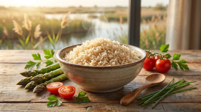 Bol de riz semi-complet fumant, asperges, tomates cerises et herbes sur table en bois devant paysage naturel.