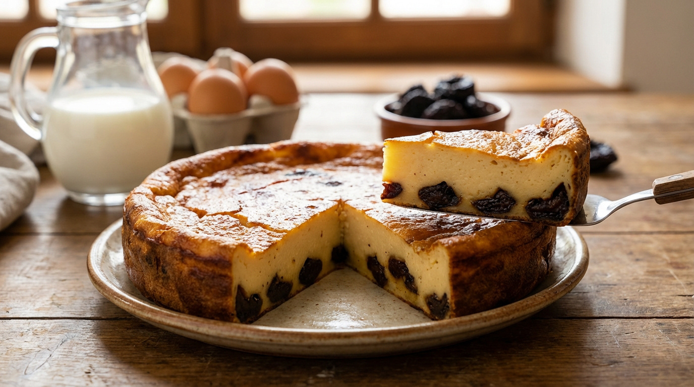 Une part de Far Breton aux pruneaux est servie, révélant sa texture moelleuse. Du lait et des œufs sont en arrière-plan.