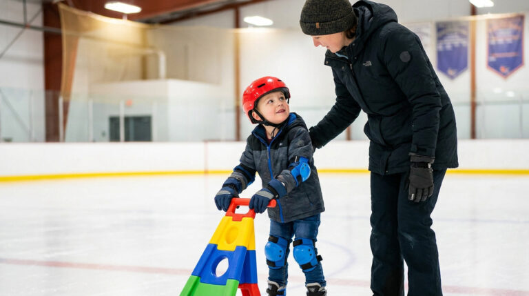 Un jeune enfant avec un casque et des protections patine sur une glace avec l'aide d'un adulte bienveillant.