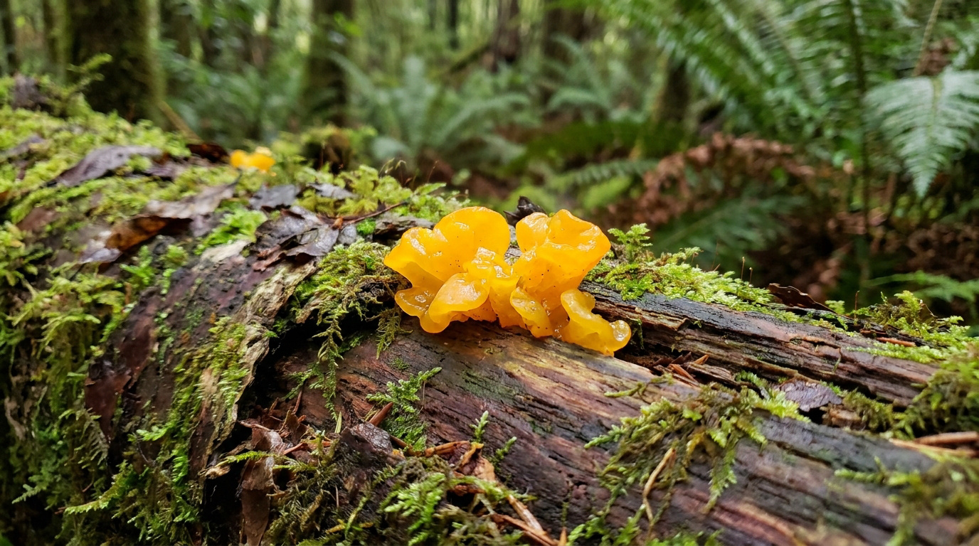 Une trémelle mésentérique orange vif pousse sur un tronc d'arbre mort recouvert de mousse verte dans une forêt.
