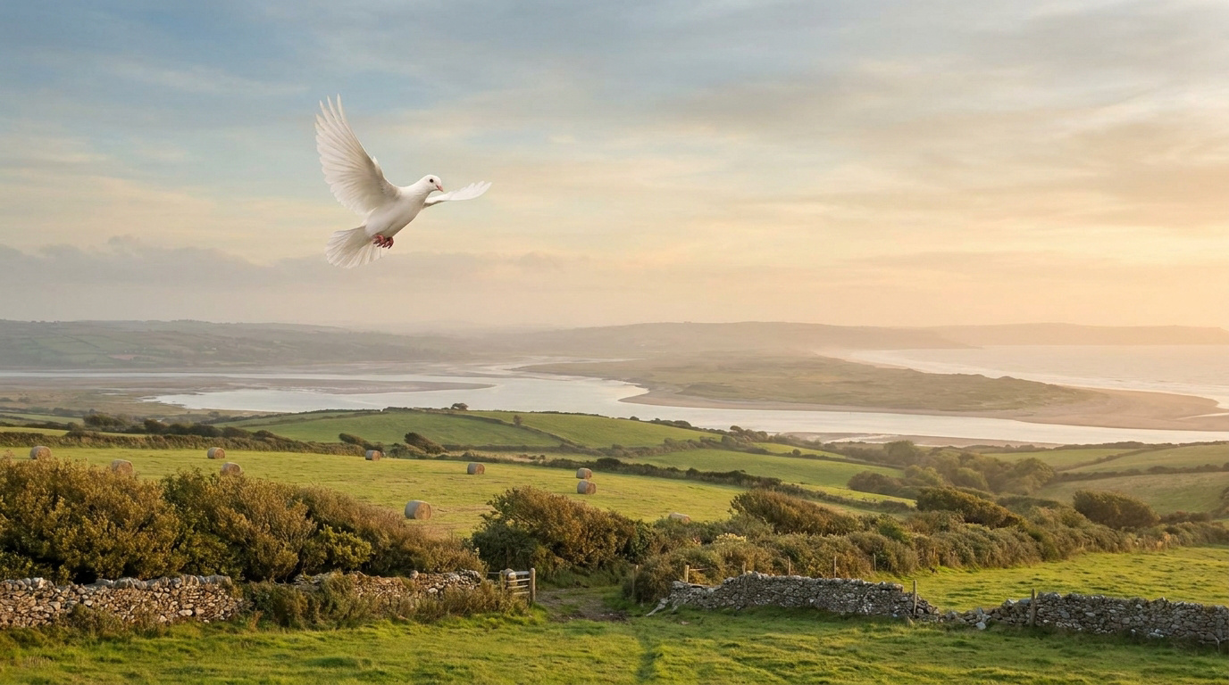 Une colombe blanche en plein vol au-dessus d'un paysage verdoyant et apaisant au coucher du soleil.