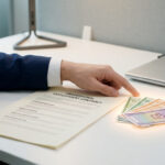 Un employé en costume pointe du doigt des tickets restaurant posés sur un contrat de travail.