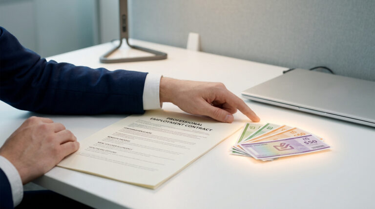 Un employé en costume pointe du doigt des tickets restaurant posés sur un contrat de travail.