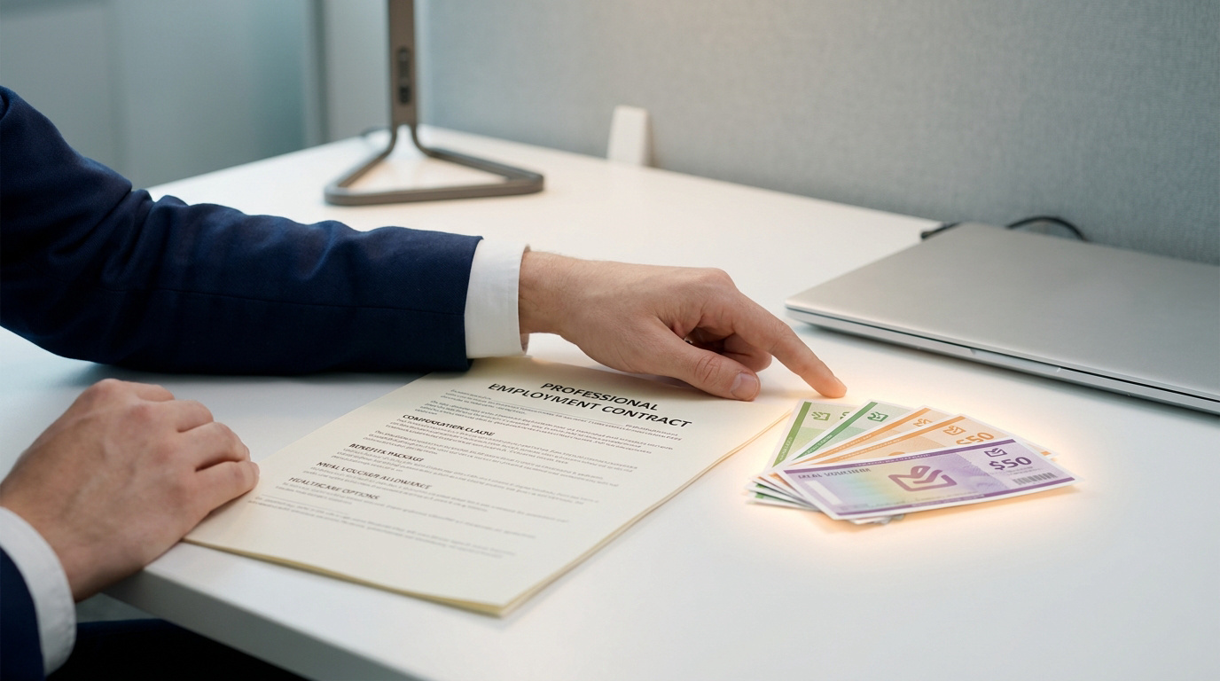 Un employé en costume pointe du doigt des tickets restaurant posés sur un contrat de travail.