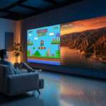 Un homme assis sur un canapé regarde un immense écran divisé entre un jeu vidéo rétro et une série sur Vredap.