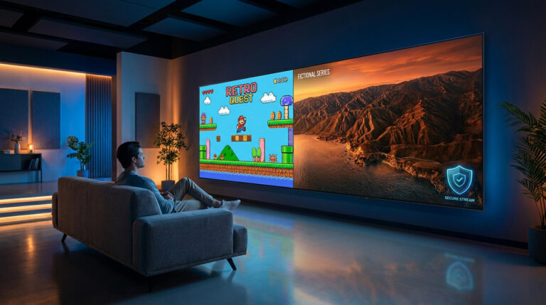 Un homme assis sur un canapé regarde un immense écran divisé entre un jeu vidéo rétro et une série sur Vredap.