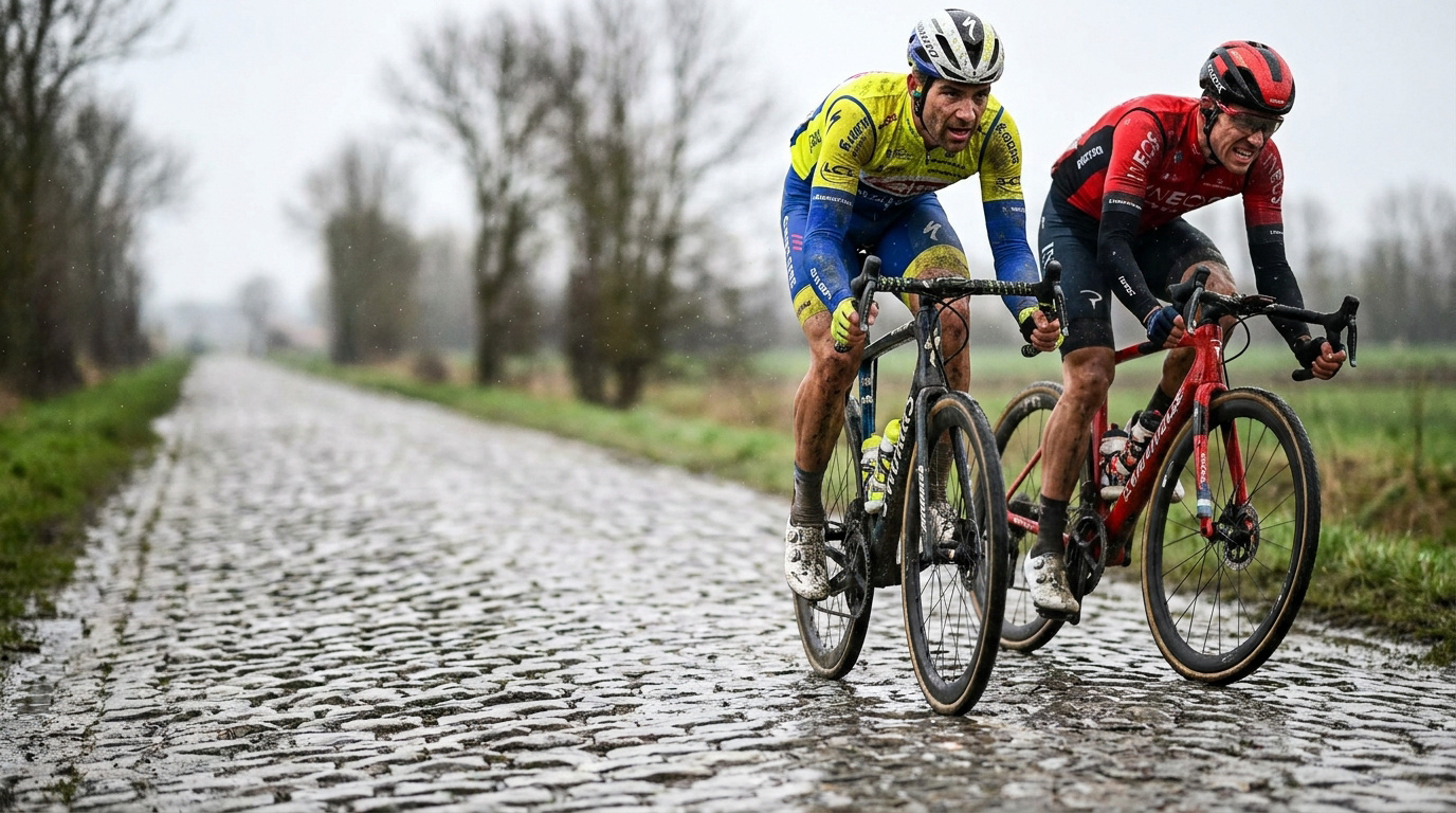Deux cyclistes professionnels en plein effort sur un secteur pavé humide lors de la course Paris-Roubaix.