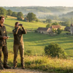 Deux acteurs en tenue d'extérieur observent le paysage vallonné du Périgord avec des jumelles.