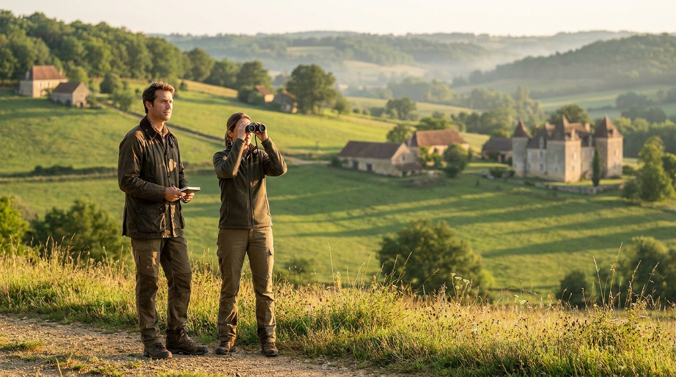 Deux acteurs en tenue d'extérieur observent le paysage vallonné du Périgord avec des jumelles.