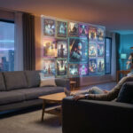 Un homme assis sur un canapé regarde une interface holographique de streaming flottant dans son salon moderne.