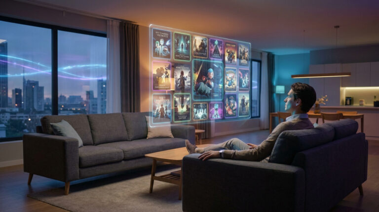 Un homme assis sur un canapé regarde une interface holographique de streaming flottant dans son salon moderne.