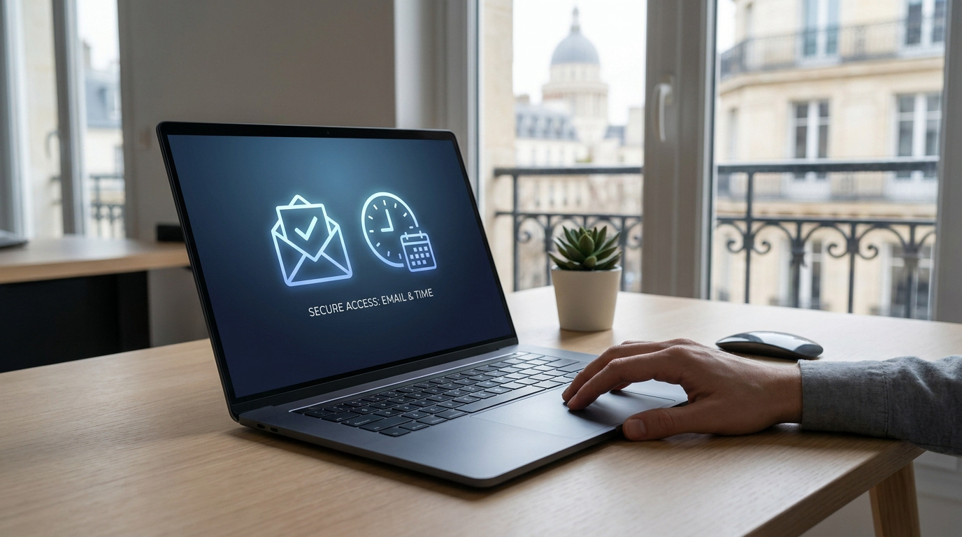 Ordinateur portable avec icônes d'e-mail et d'horloge sur un bureau face à une fenêtre donnant sur Paris.
