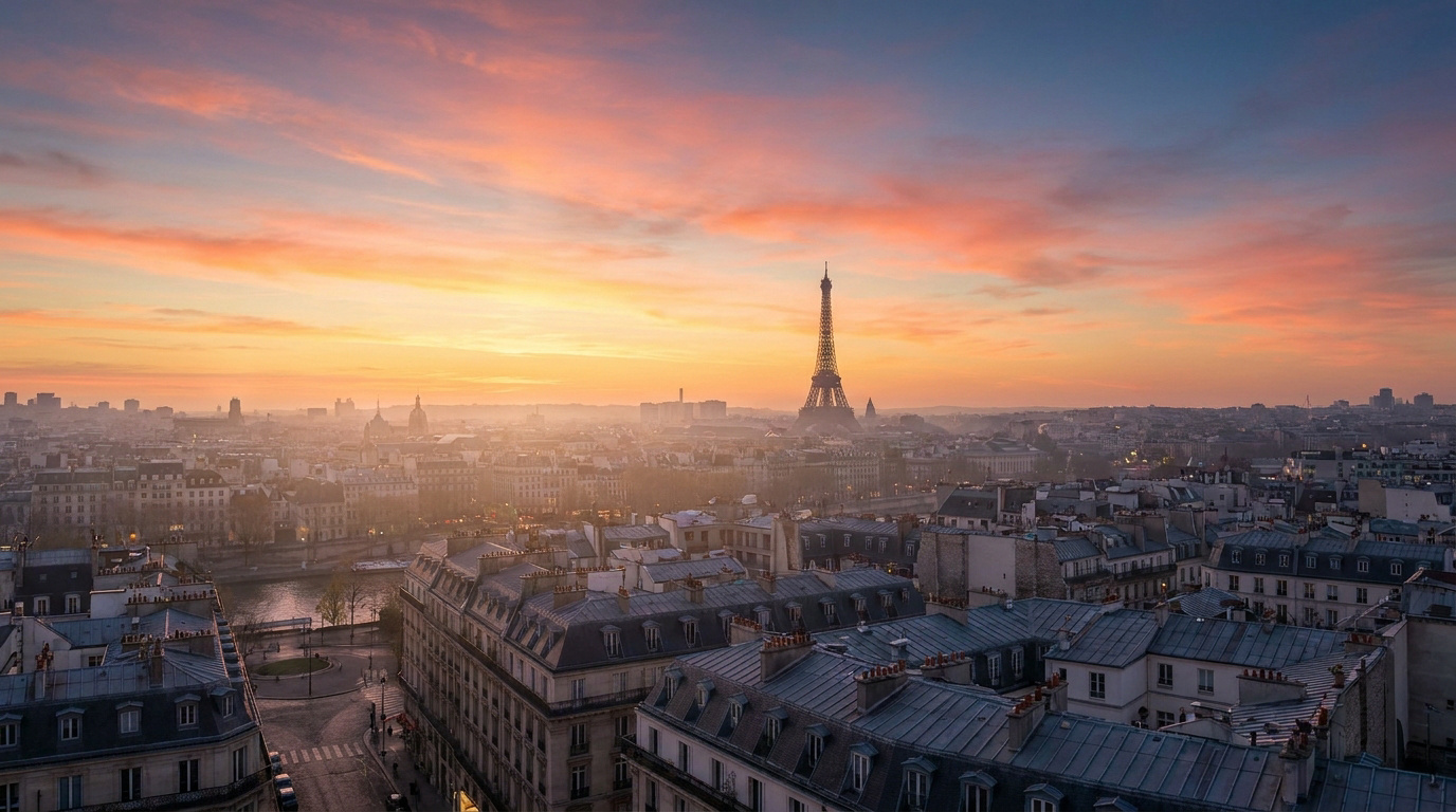 Vue panoramique des toits de Paris avec la tour Eiffel sous un ciel coloré au lever du soleil.