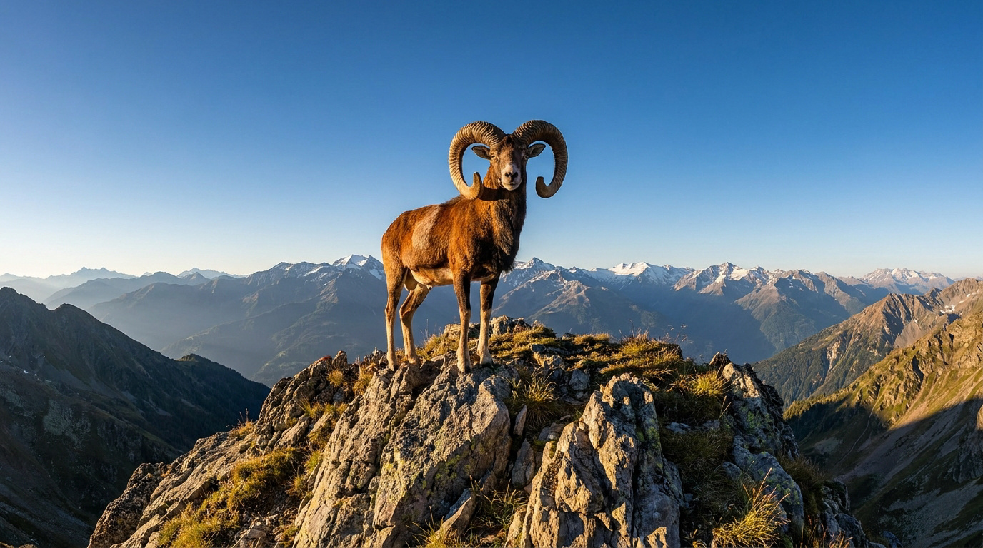 Un mouflon majestueux avec de grandes cornes incurvées se tient debout sur un sommet rocheux sous un ciel bleu.