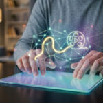 Mains manipulant une tablette avec une projection holographique en forme de bobine de film connectée.