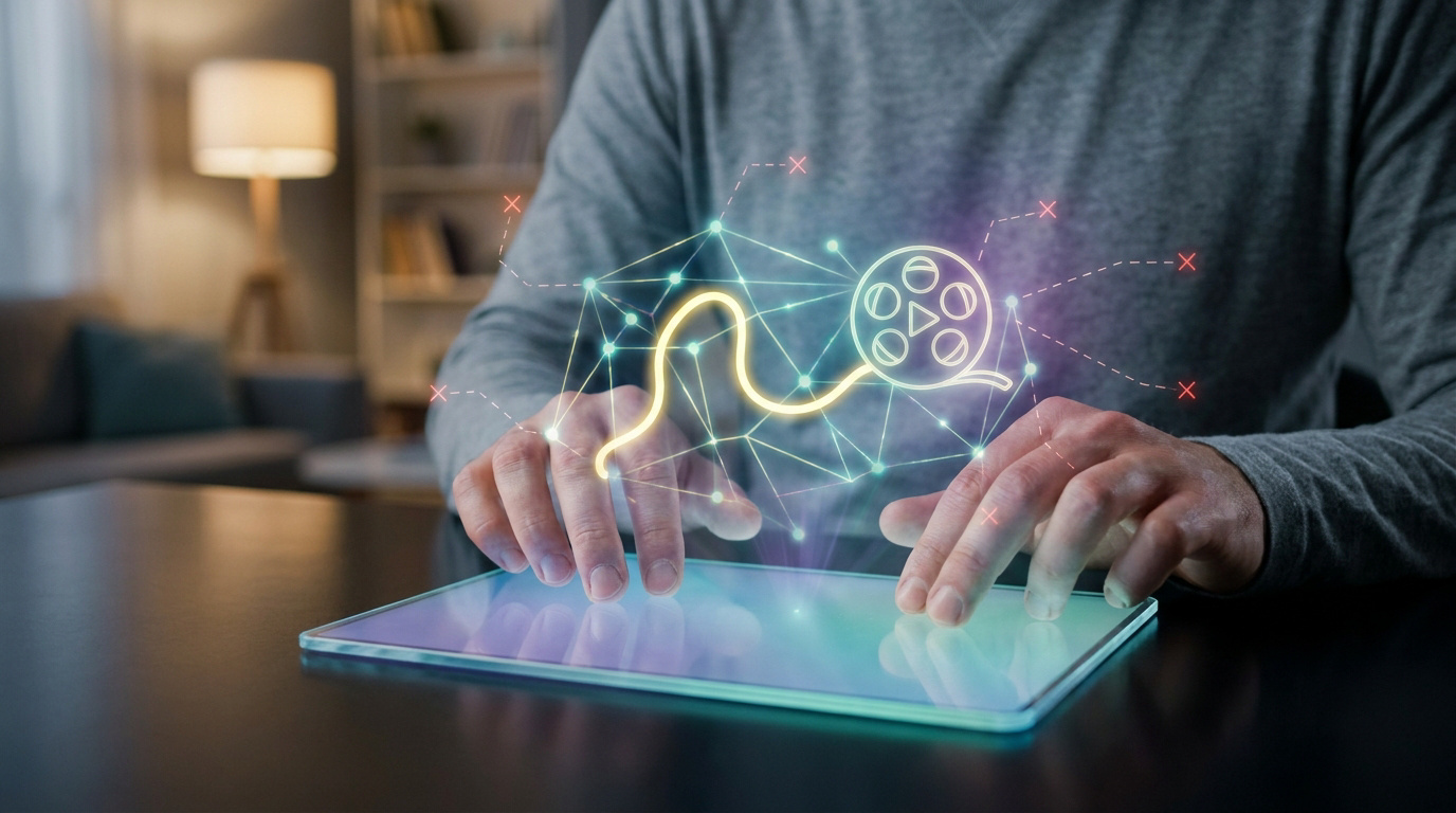 Mains manipulant une tablette avec une projection holographique en forme de bobine de film connectée.