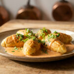 Assiette de quenelles de brochet nappées de sauce Nantua et parsemées de fines herbes sur une table en bois.