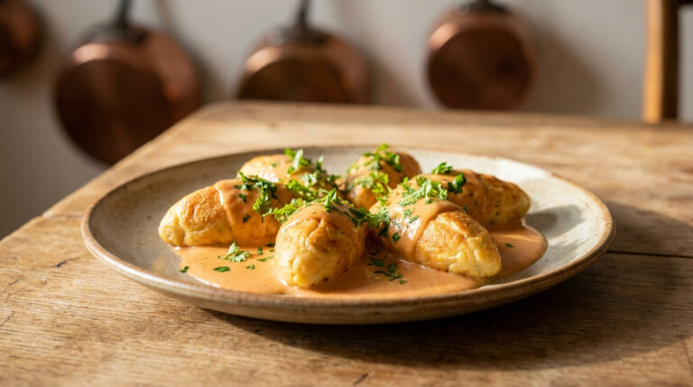Assiette de quenelles de brochet nappées de sauce Nantua et parsemées de fines herbes sur une table en bois.