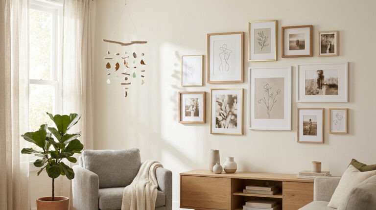 Un salon lumineux avec un mobile suspendu en bois et un mur composé de cadres photos variés au-dessus d'un meuble en bois.