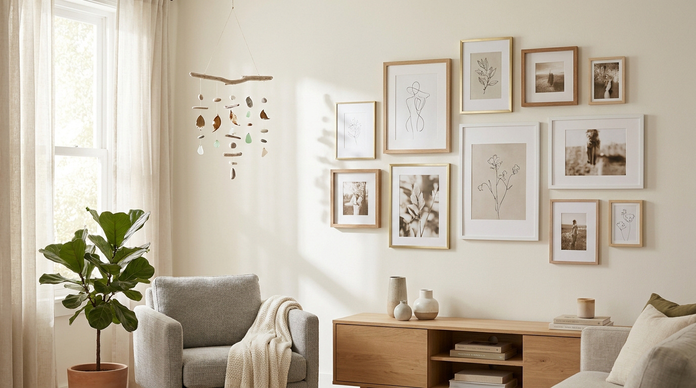 Un salon lumineux avec un mobile suspendu en bois et un mur composé de cadres photos variés au-dessus d'un meuble en bois.
