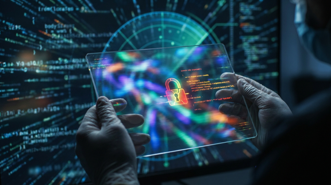 Mains tenant une tablette transparente affichant un cadenas numérique devant un écran de code informatique complexe.
