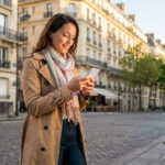 Une femme souriante consulte son smartphone dans une rue typique de Paris.