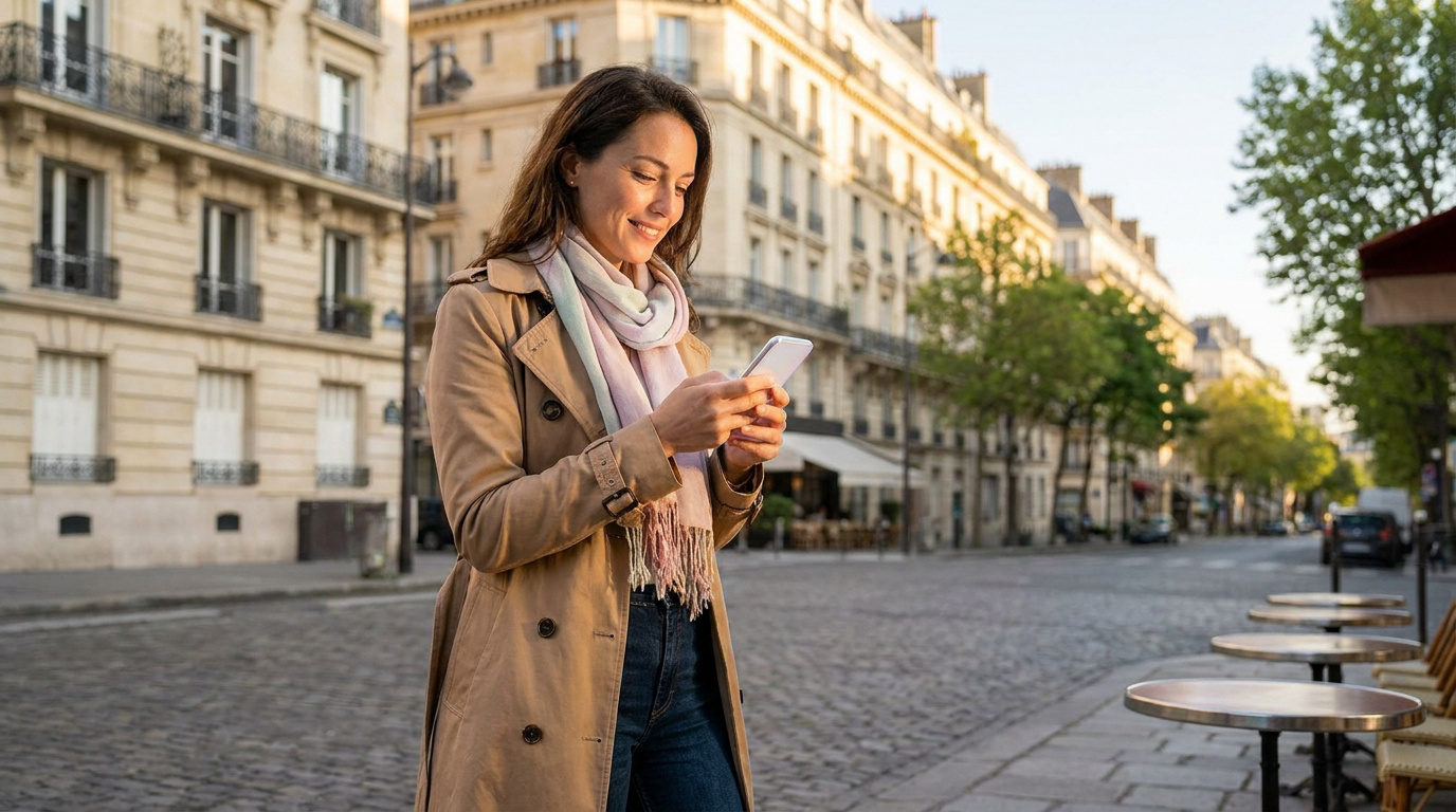Une femme souriante consulte son smartphone dans une rue typique de Paris.