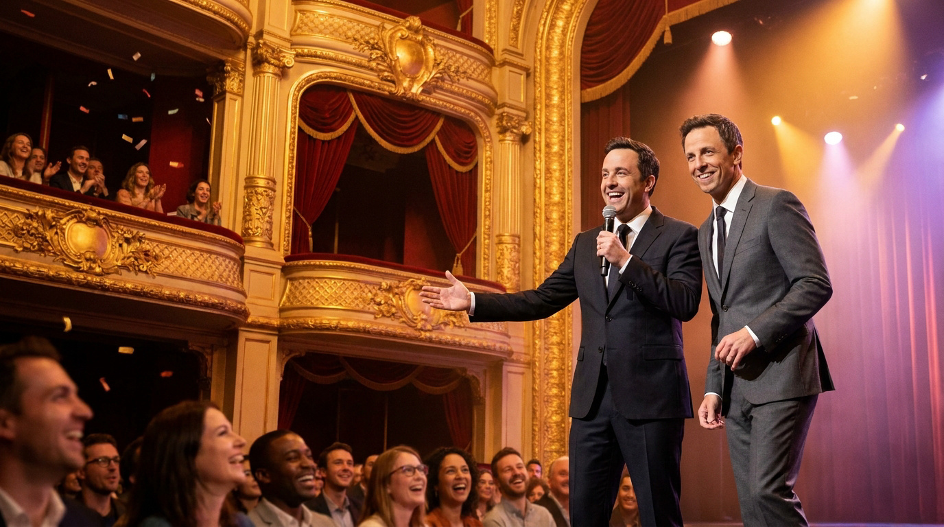 Booder et un invité sur la scène du Casino de Paris devant un public enthousiaste.