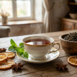 Une tasse de thé fumante sur une table en bois avec des tranches d'orange, de l'anis étoilé et des feuilles de menthe.