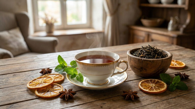 Une tasse de thé fumante sur une table en bois avec des tranches d'orange, de l'anis étoilé et des feuilles de menthe.