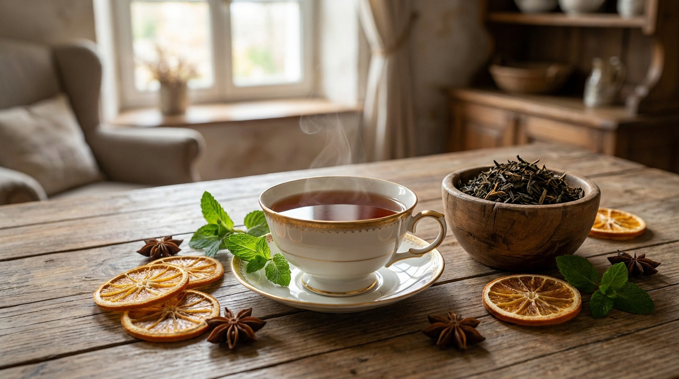 Une tasse de thé fumante sur une table en bois avec des tranches d'orange, de l'anis étoilé et des feuilles de menthe.