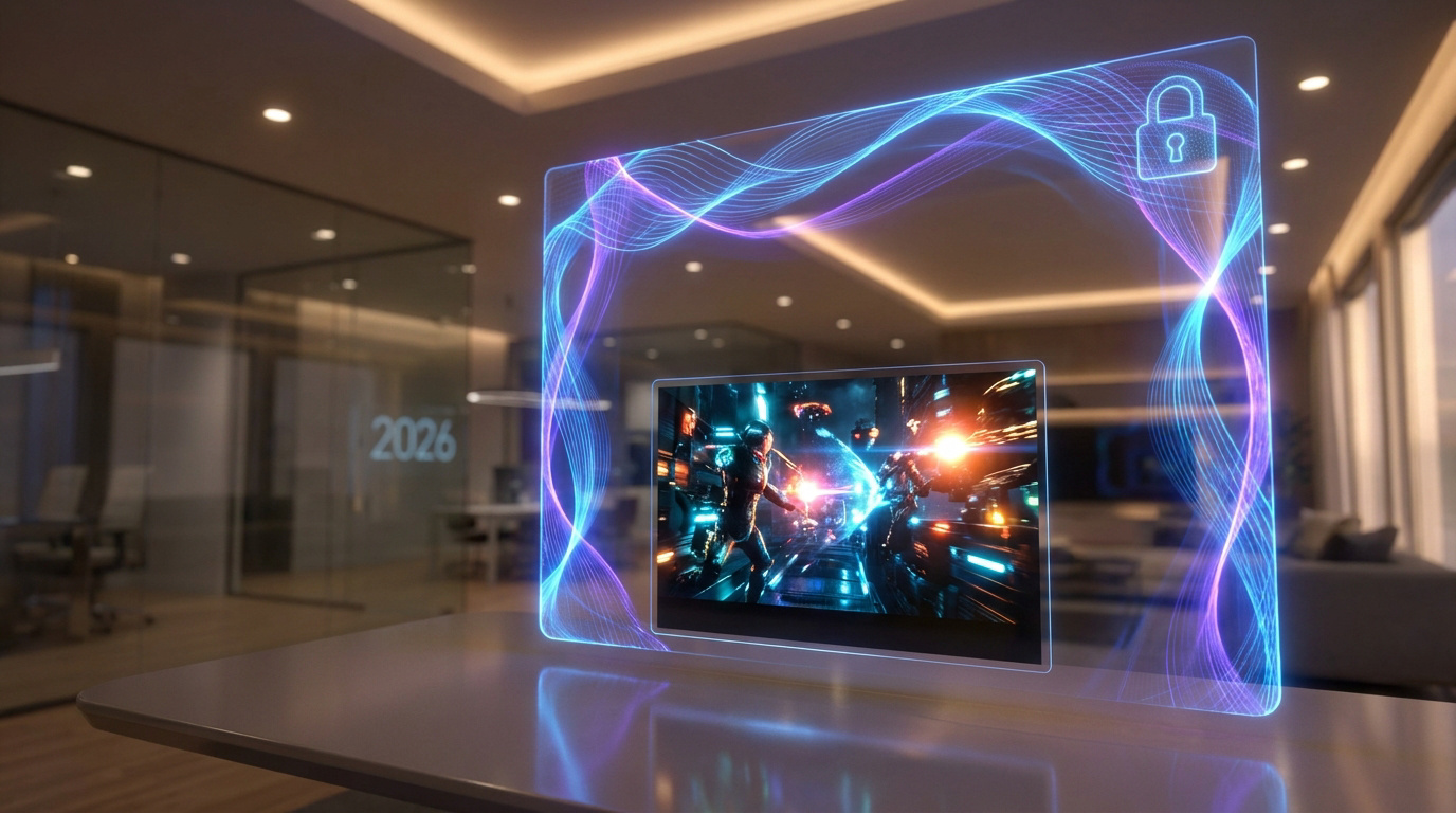 Écran holographique futuriste affichant une icône de cadenas et une interface dynamique dans un bureau moderne.